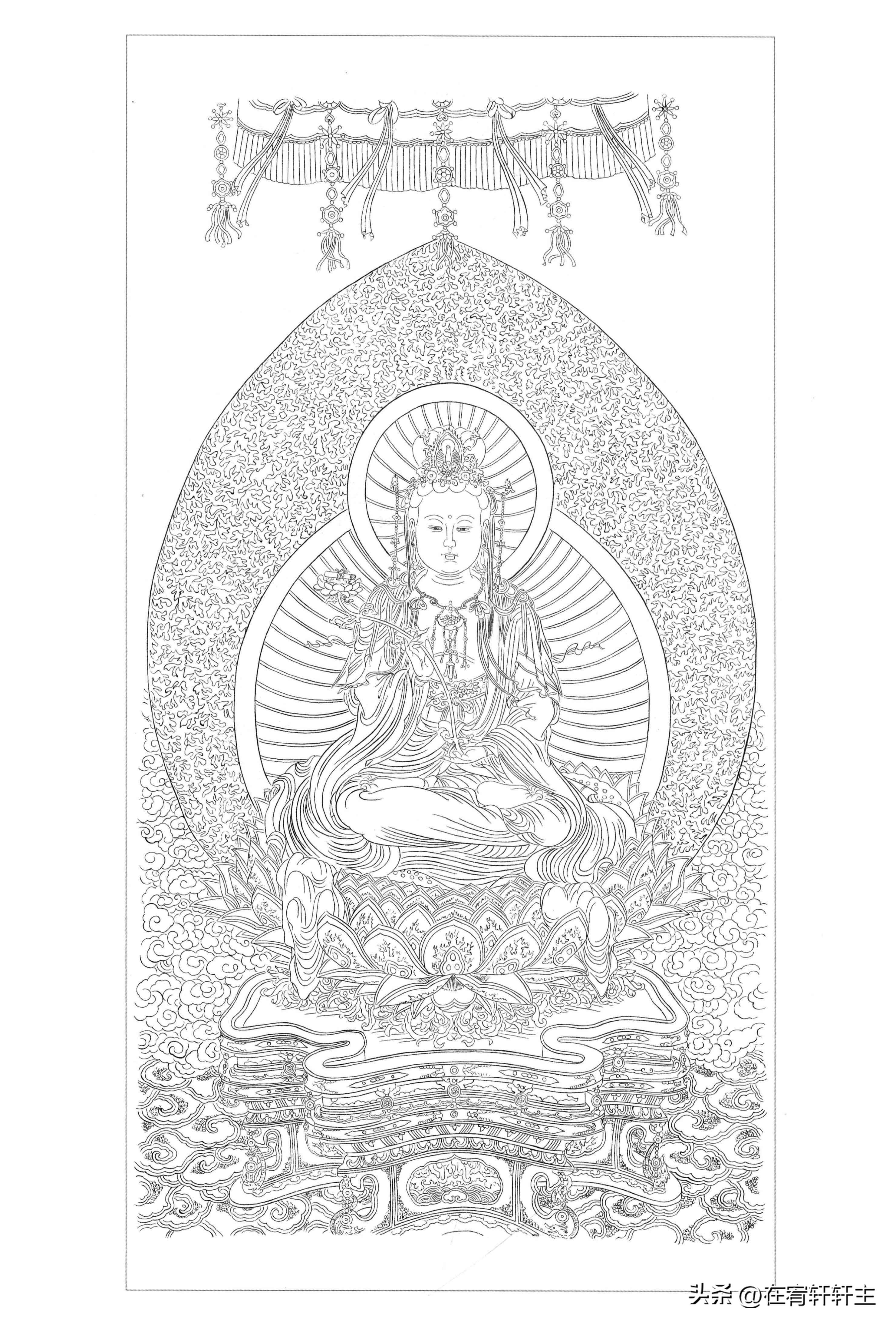 工笔白描观音苏柏斗,工笔画国画白描观音