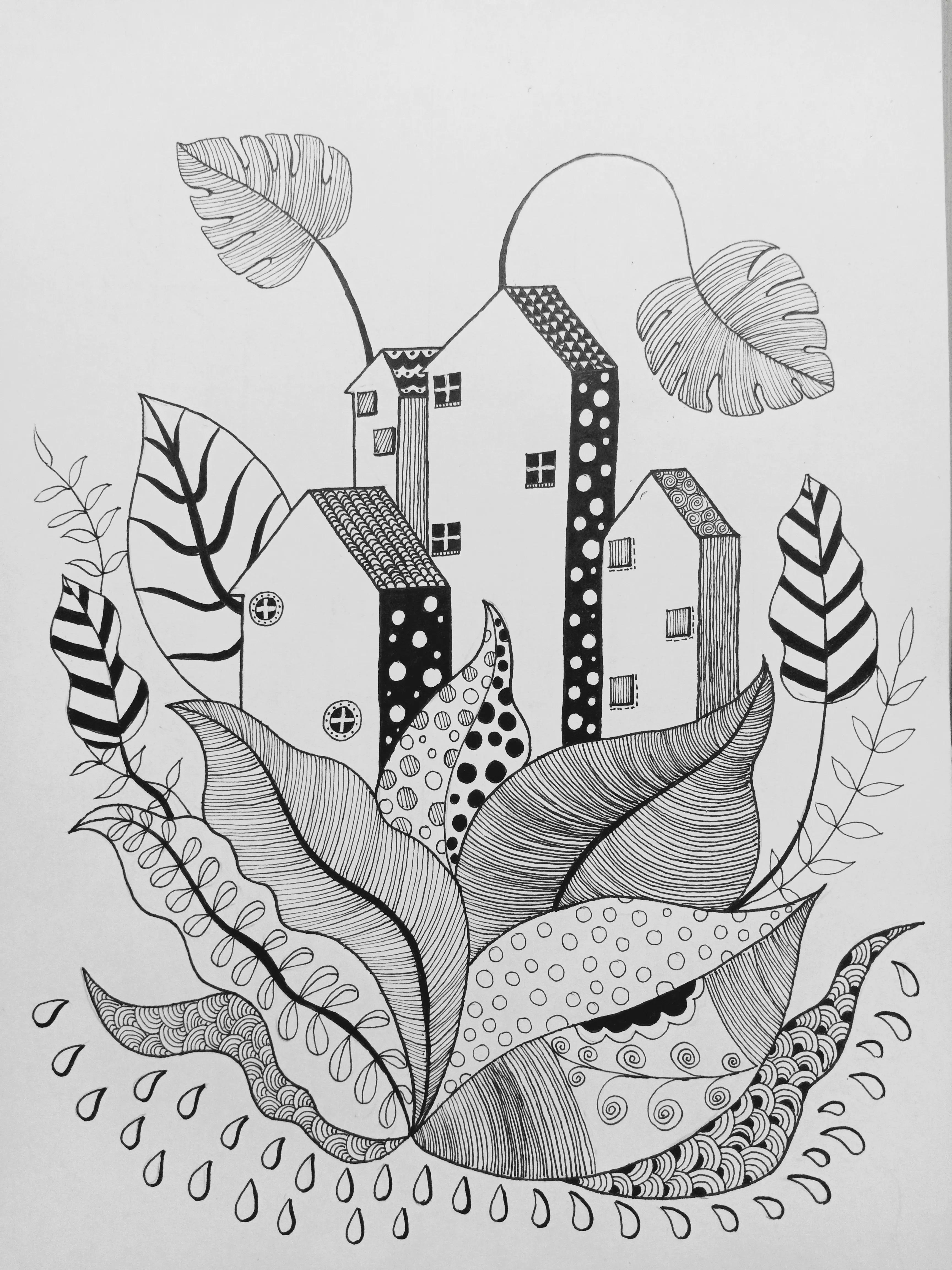 简笔画小楼的画法,朝露繁花简单绘画过程