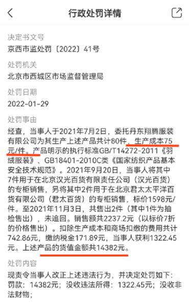 标价1500的羽绒服成本只有75l,价格1500以上羽绒服