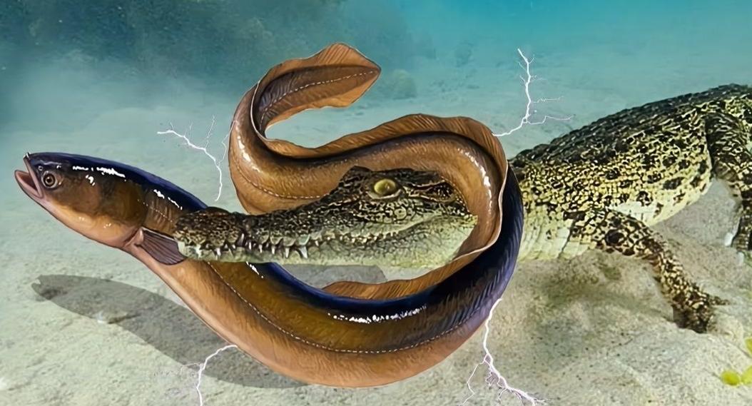 鳄鱼袭击电鳗打法视频,鳄鱼袭击鳗鱼