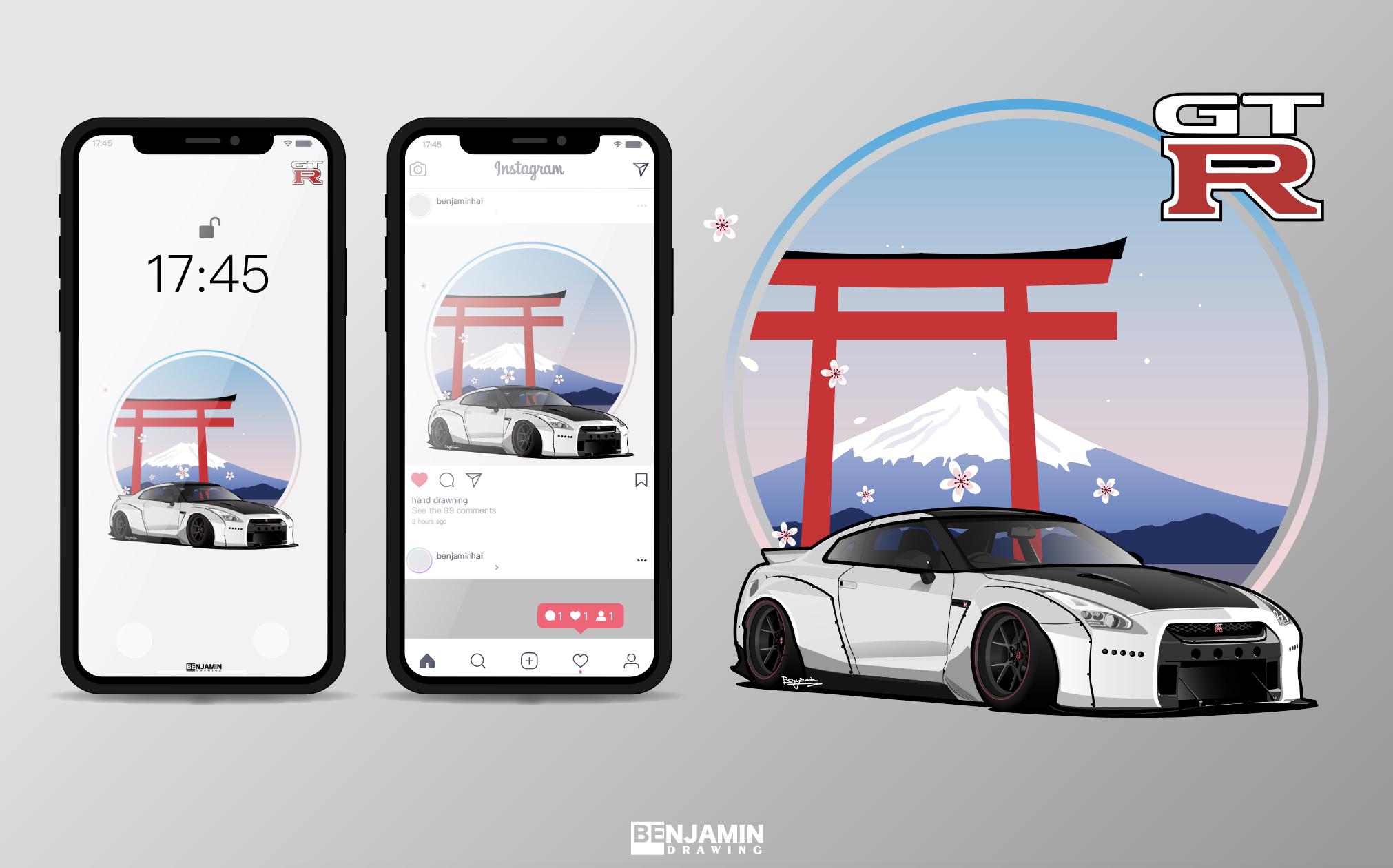 Benjamin手绘汽车壁纸插画东瀛战神日产GTR跑车无水印手机壁纸