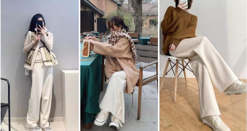 米色小脚裤穿搭秋冬什么上衣,米色裤子哈伦裤秋冬搭配