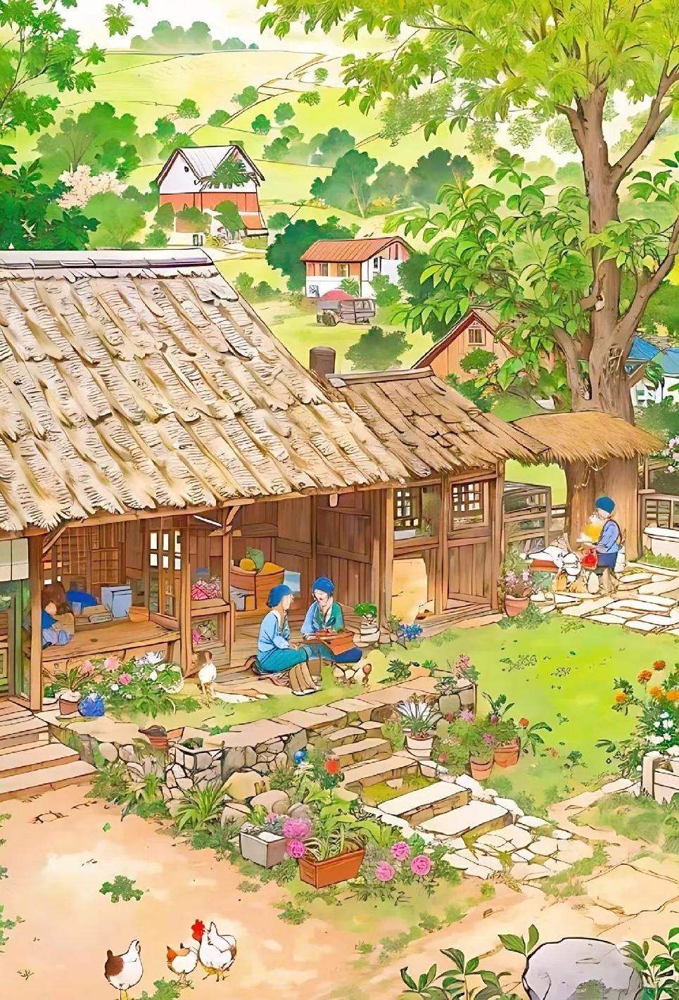 唯美治愈插画田园风,好看的古代风景田园插画