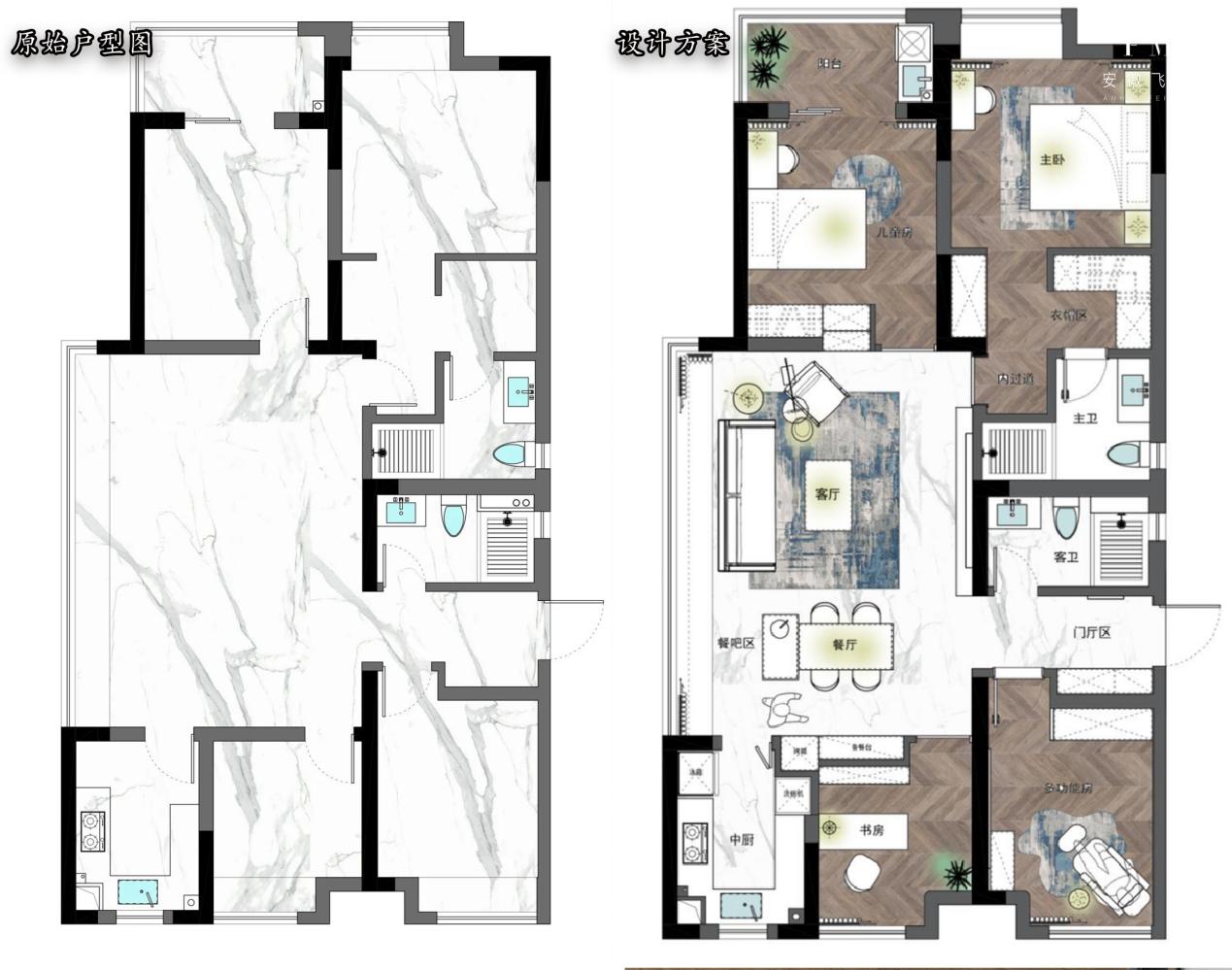 融创精装房客厅改造,融创145平四房两厅两卫装修效果图