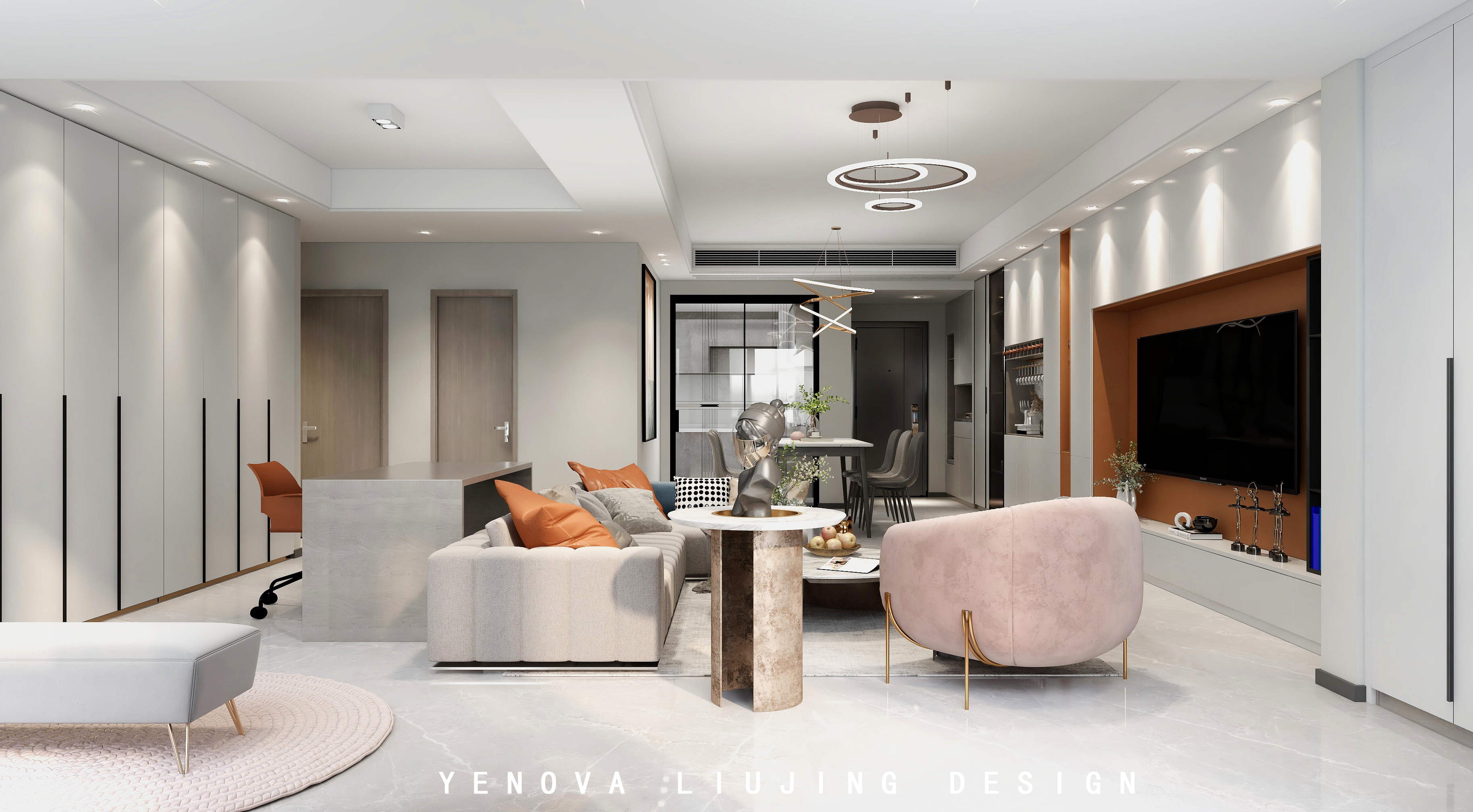 爱马仕橙装修小户型电视背景墙,爱马仕橙沙发怎样搭配茶几电视柜