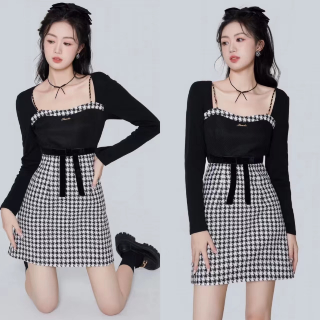 千鸟格半身裙秋冬款a字版30岁,黑白千鸟格半身裙配原绒色毛衫