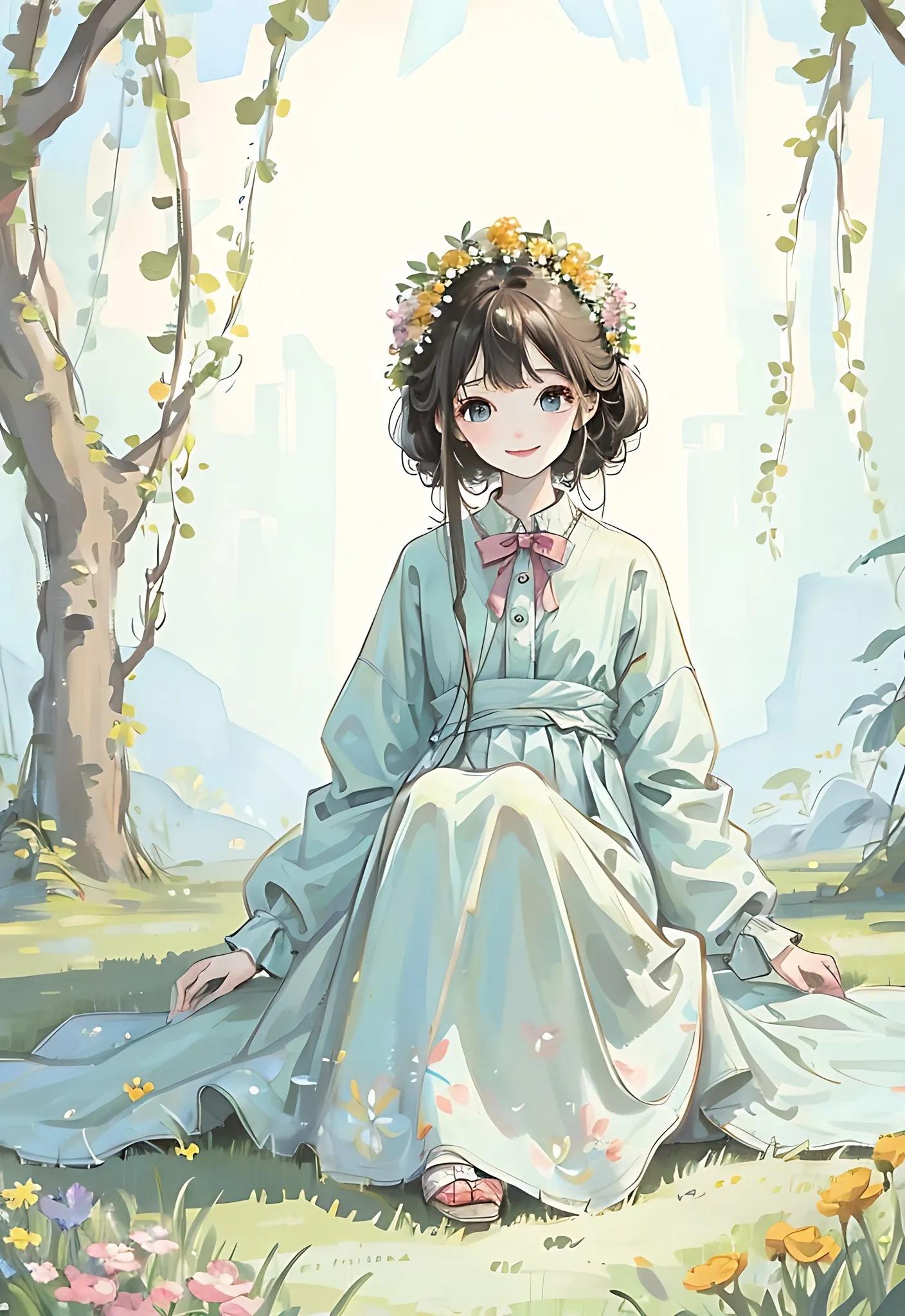 四月唯美插画,三月踏青插画