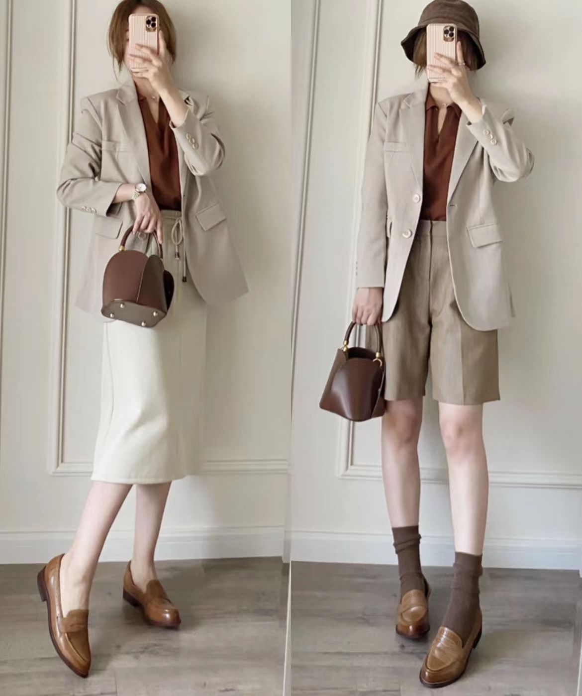 职场浅咖色小西装外套怎么搭鞋子,杏色中长款小西装如何穿搭