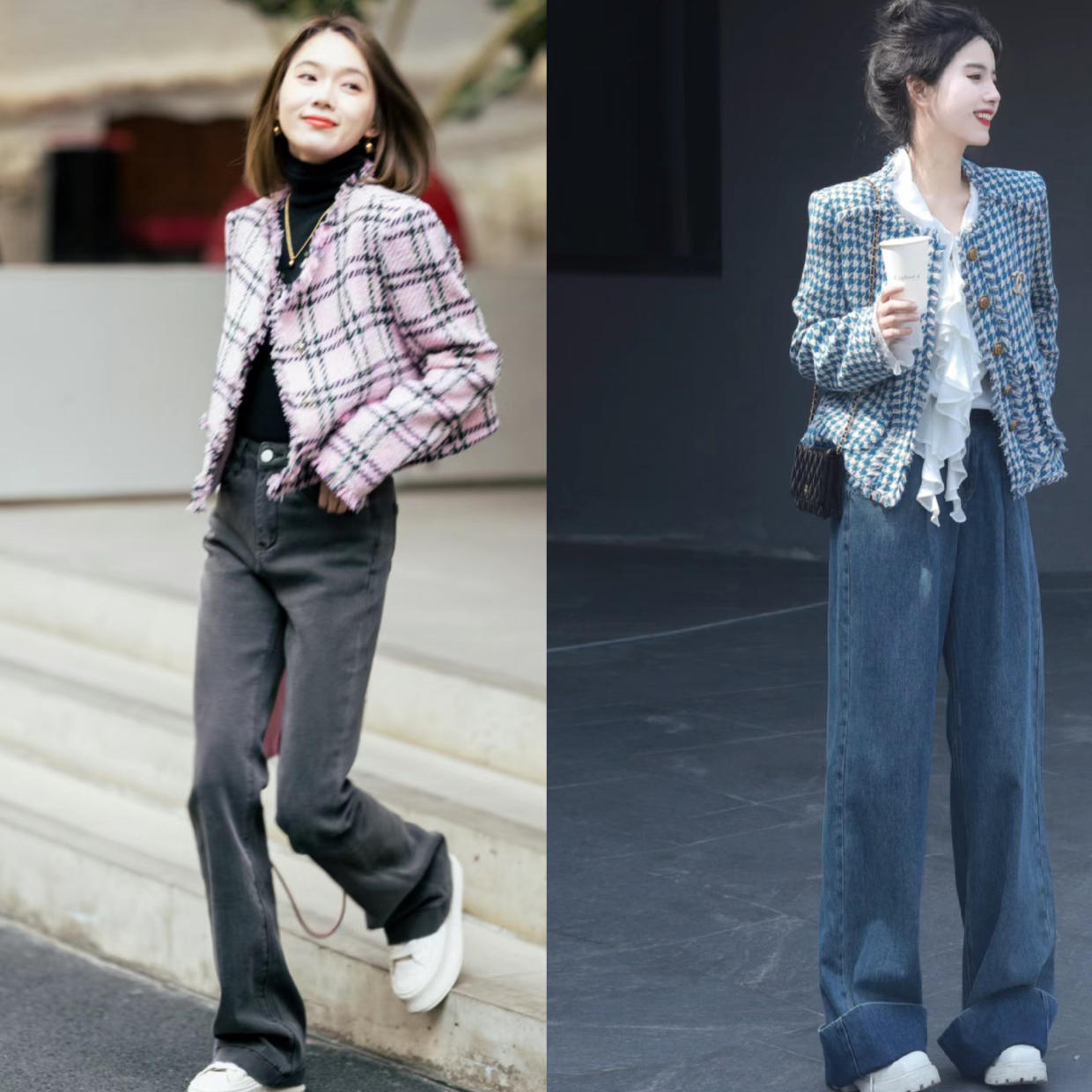 窄版阔腿裤小香风外套,小香风呢子外套搭配什么裤子好看