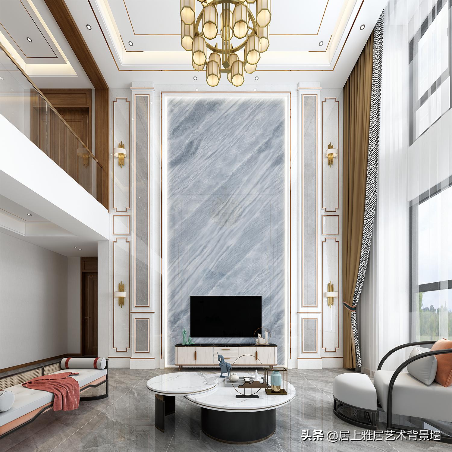 复式挑高沙发背景墙装饰画,自建房复式楼电视背景墙效果图