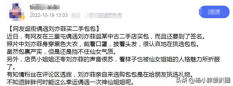 刘亦菲购物被偶遇！买二手包包送好朋友，网友夸赞其好温柔