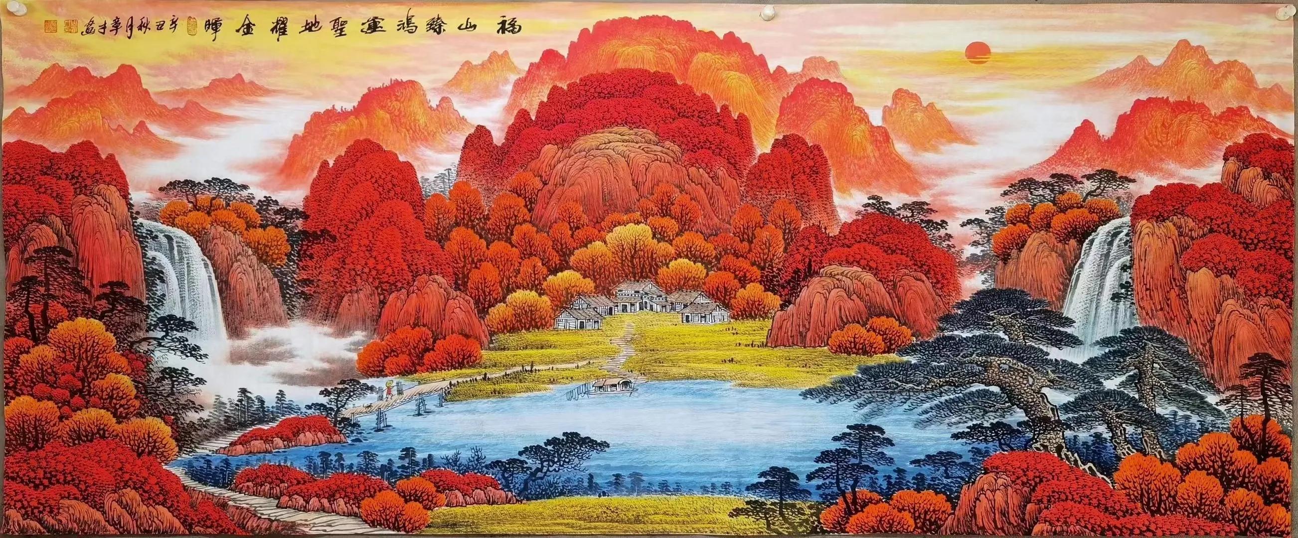 周章才聚宝盆山水画,三幅沙发背景聚宝盆山水画