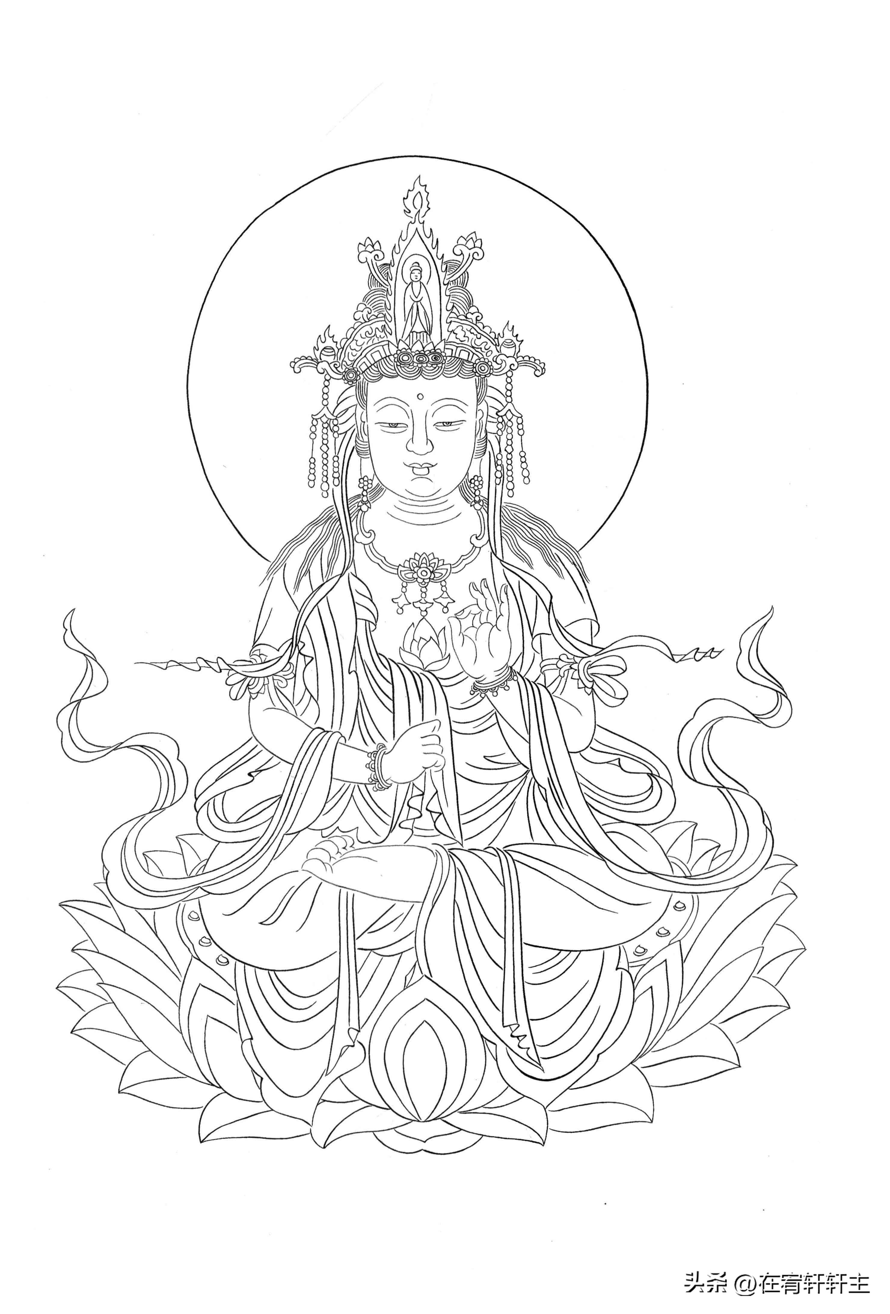 工笔白描观音苏柏斗,工笔画国画白描观音