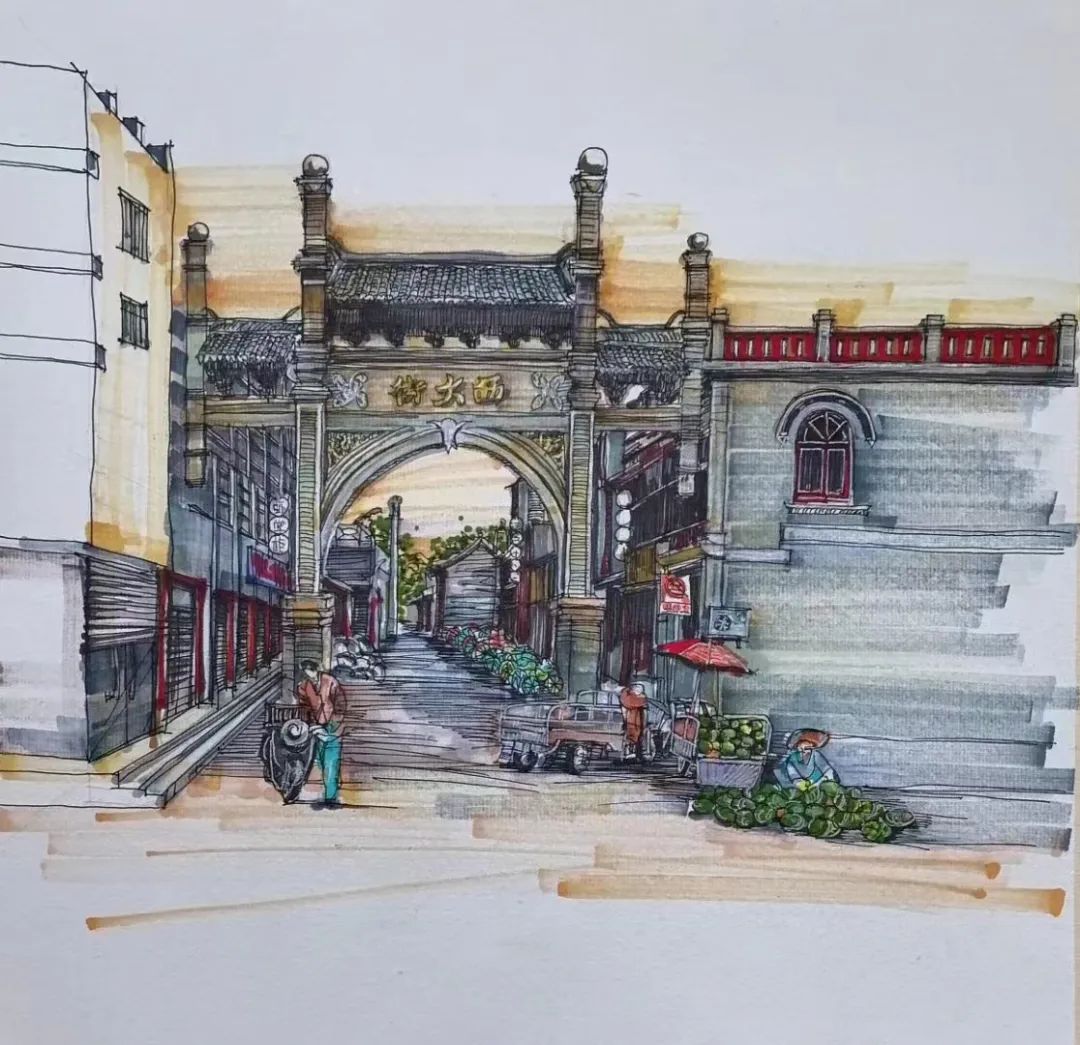 手绘图学校街景,老师手绘地图及历史景观