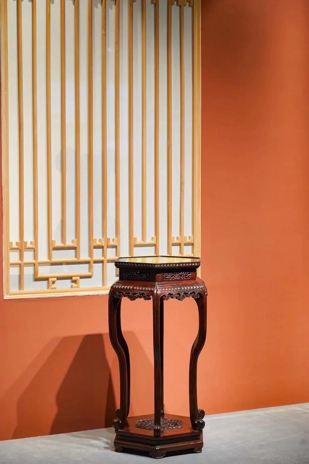 宫廷风｜镶珐琅六边几｜大红酸枝规格：46*46*90cm