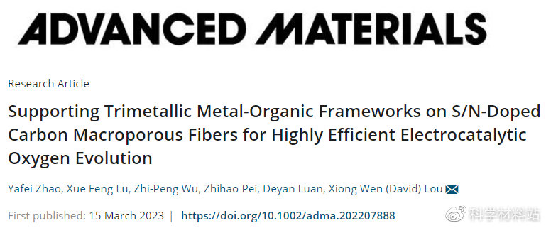 共掺杂的大孔碳纤维表面支撑的三金属MOFs用于高效电催化析氧