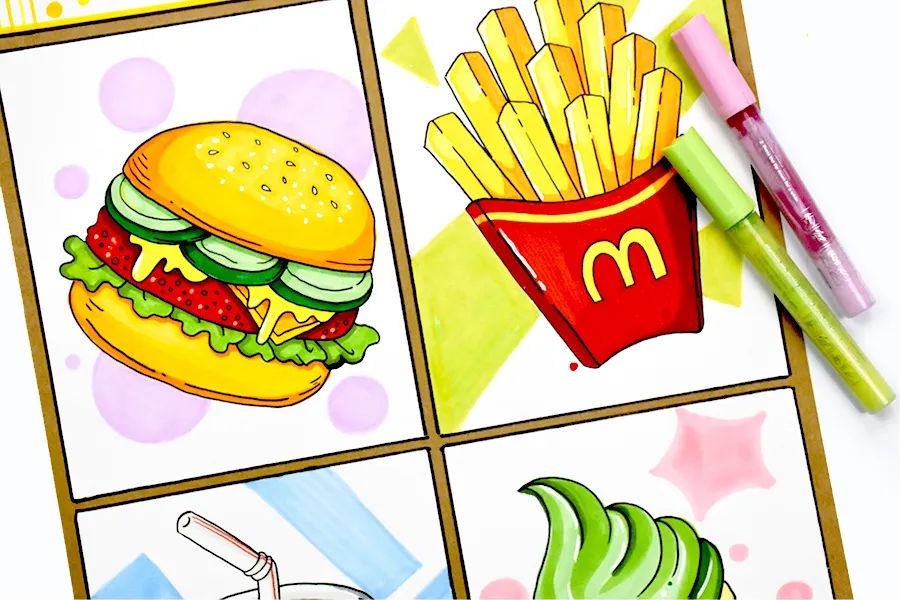 怎样画可爱的汉堡套餐,儿童画美味的披萨