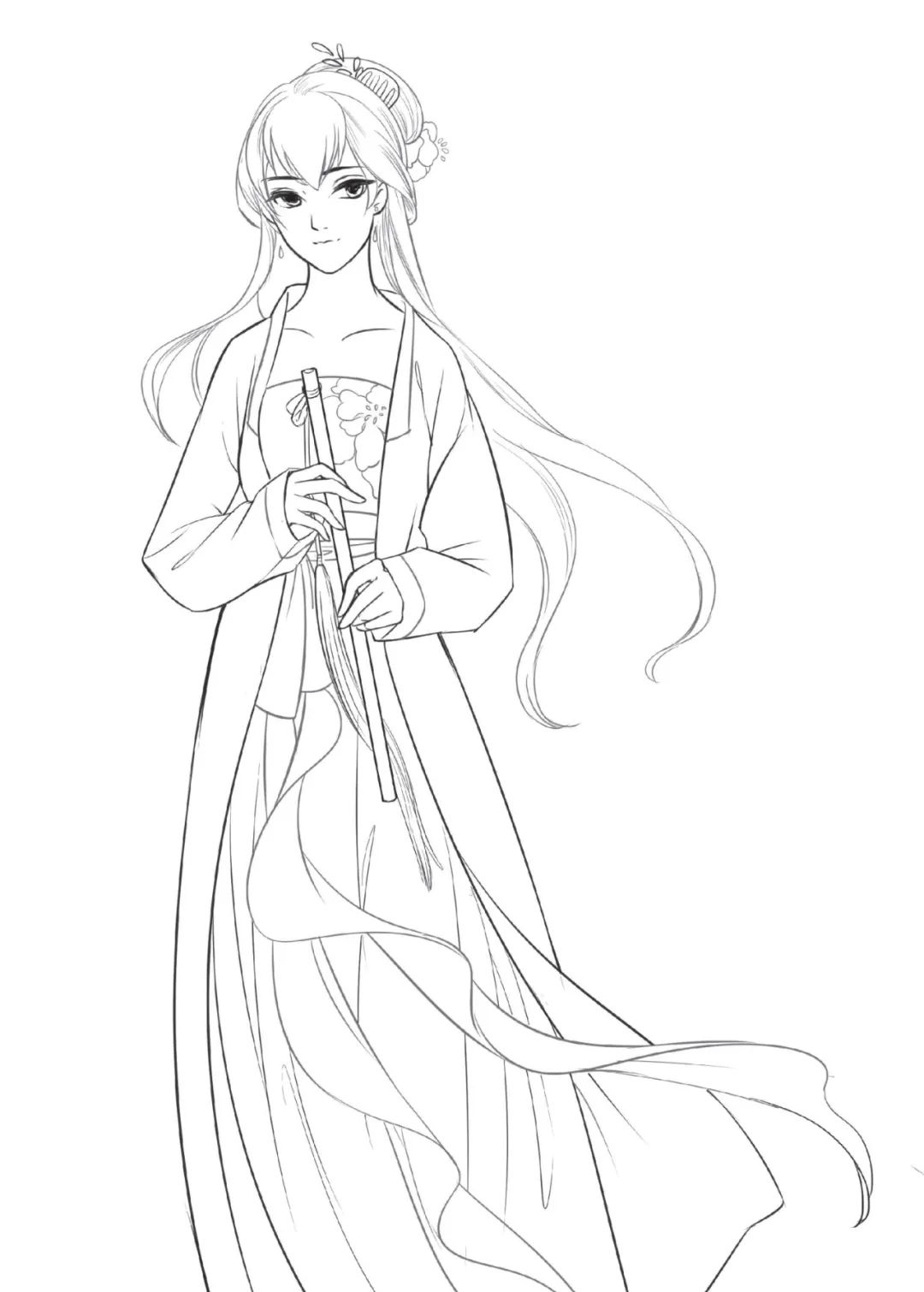 手绘山海经古风人物线稿,手绘动漫古风女生线稿简单