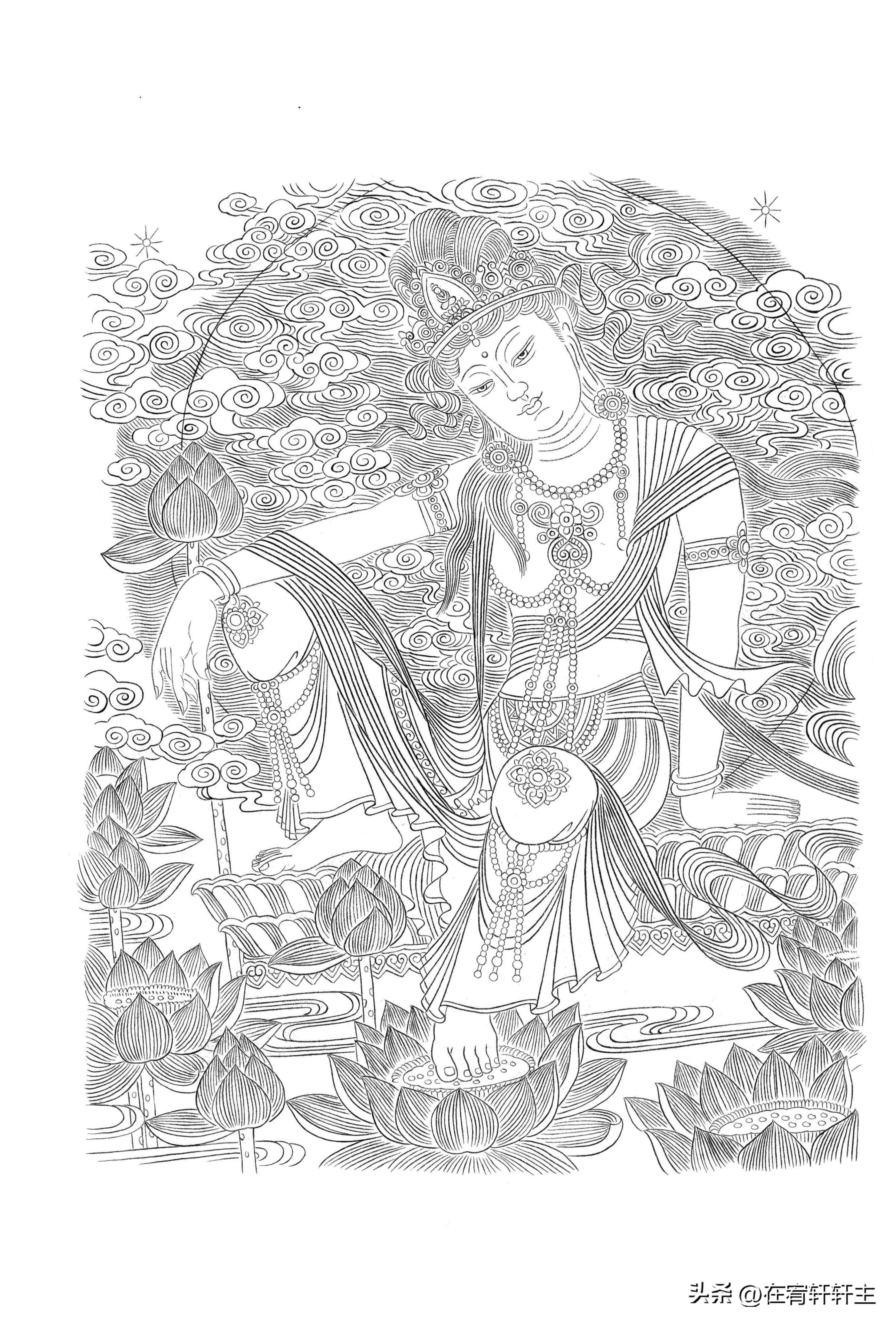 工笔白描观音苏柏斗,工笔画国画白描观音