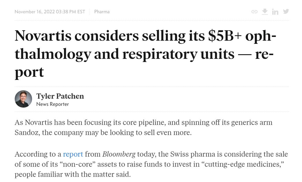 诺华出售5款产品,诺华10亿美元