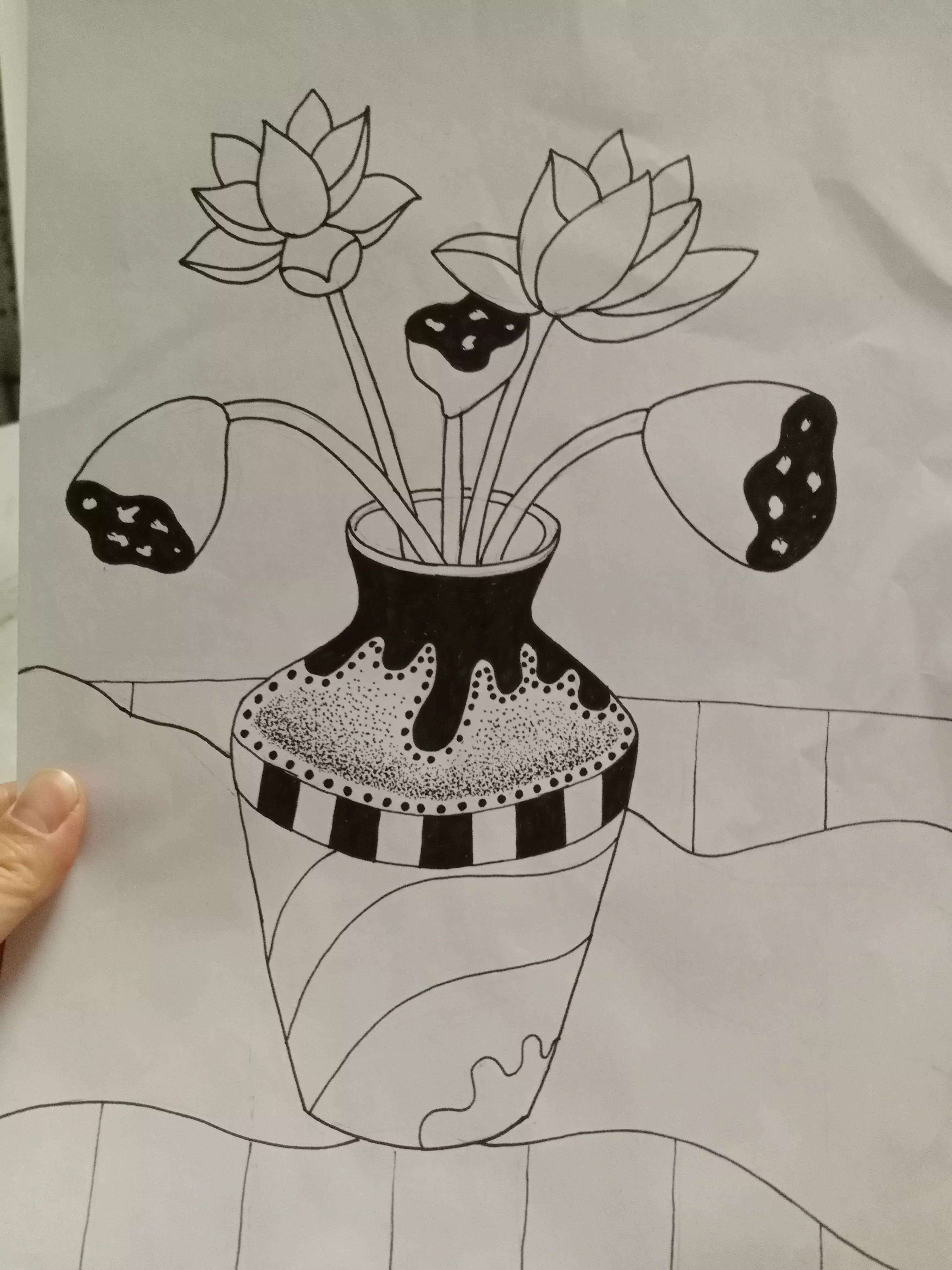 花瓶里的花线描画,线描画花瓶教学视频