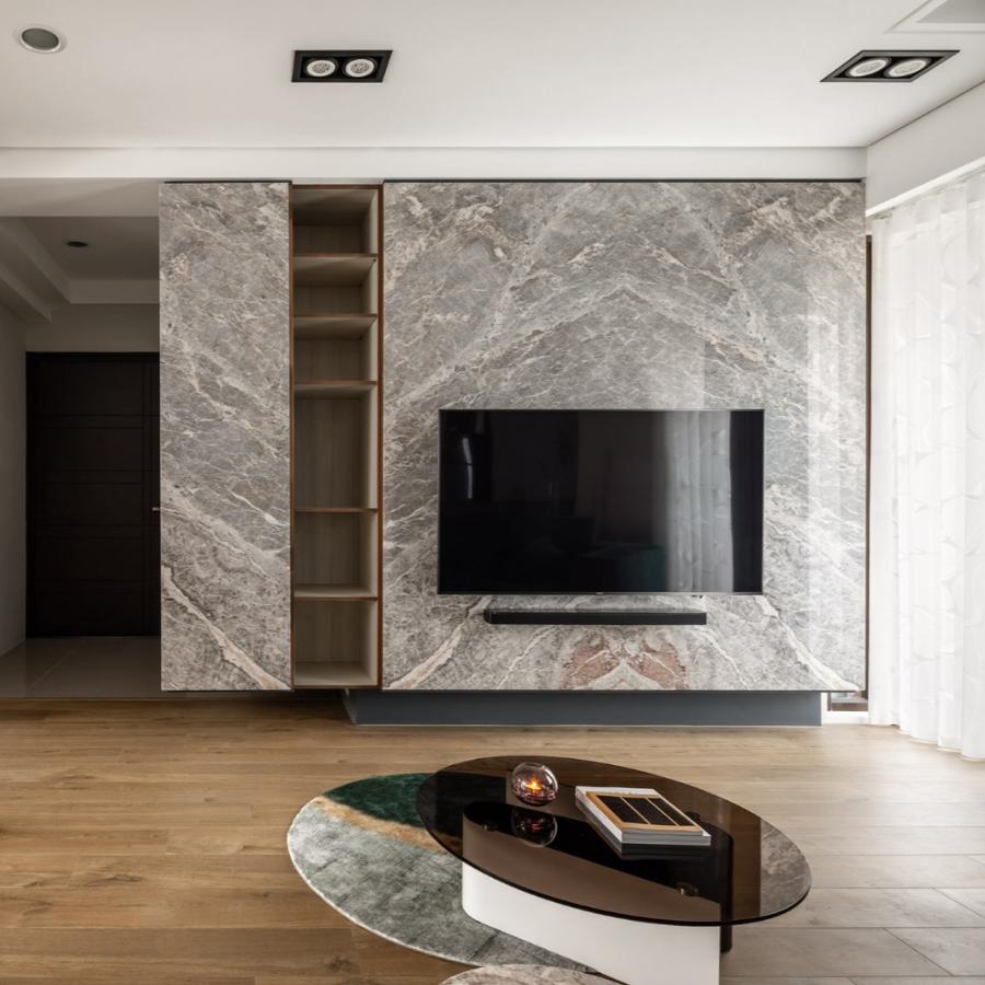 大理石电视背景墙现代简约黑白灰,新中式高级灰大理石电视背景墙