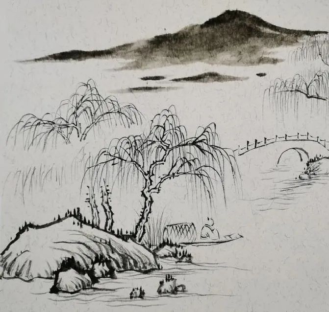 水墨画烟柳山水画简单画法,国画写意桥的画法