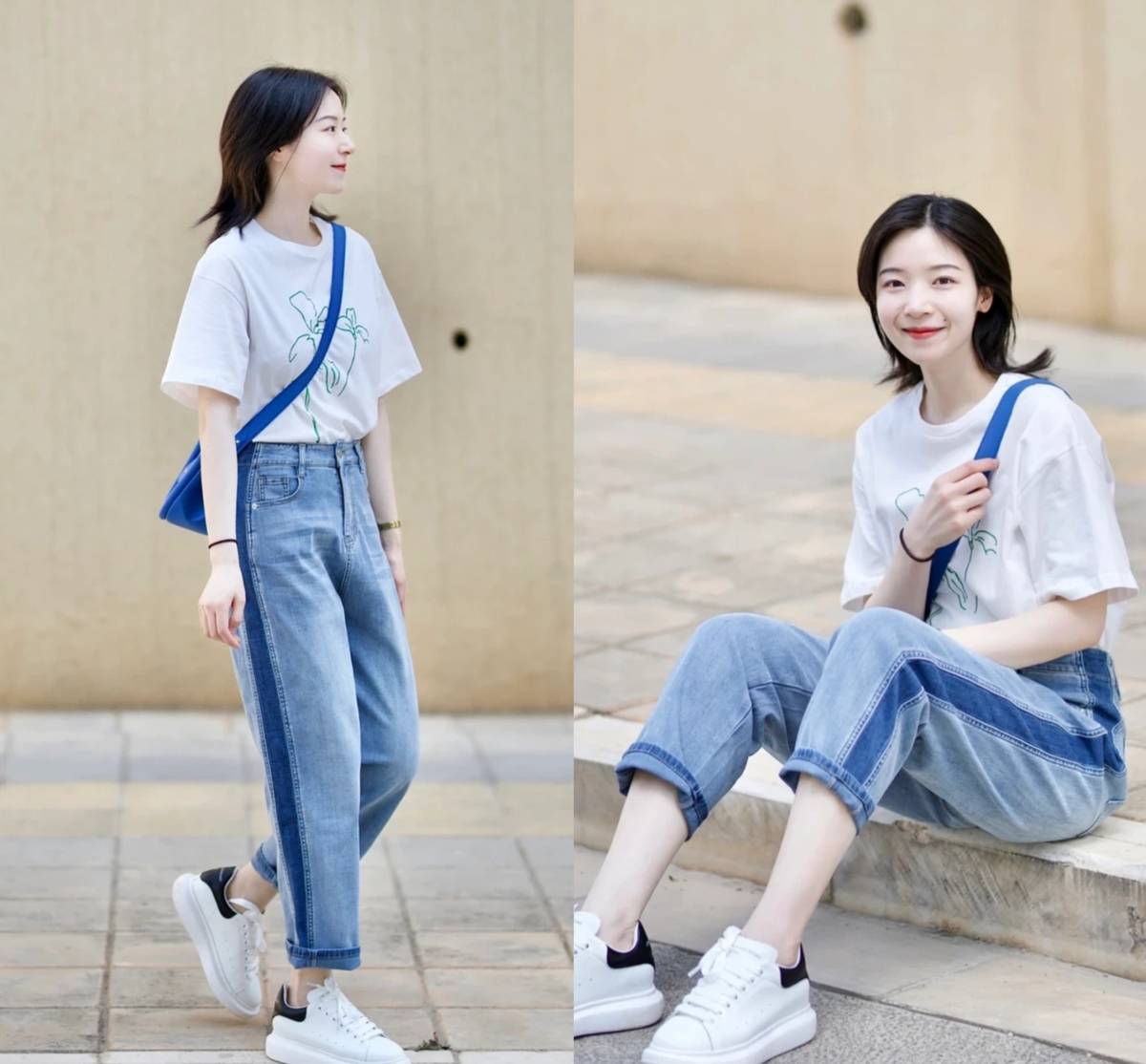 白色t恤搭配蓝色牛仔裤,夏季牛仔裤减龄穿搭