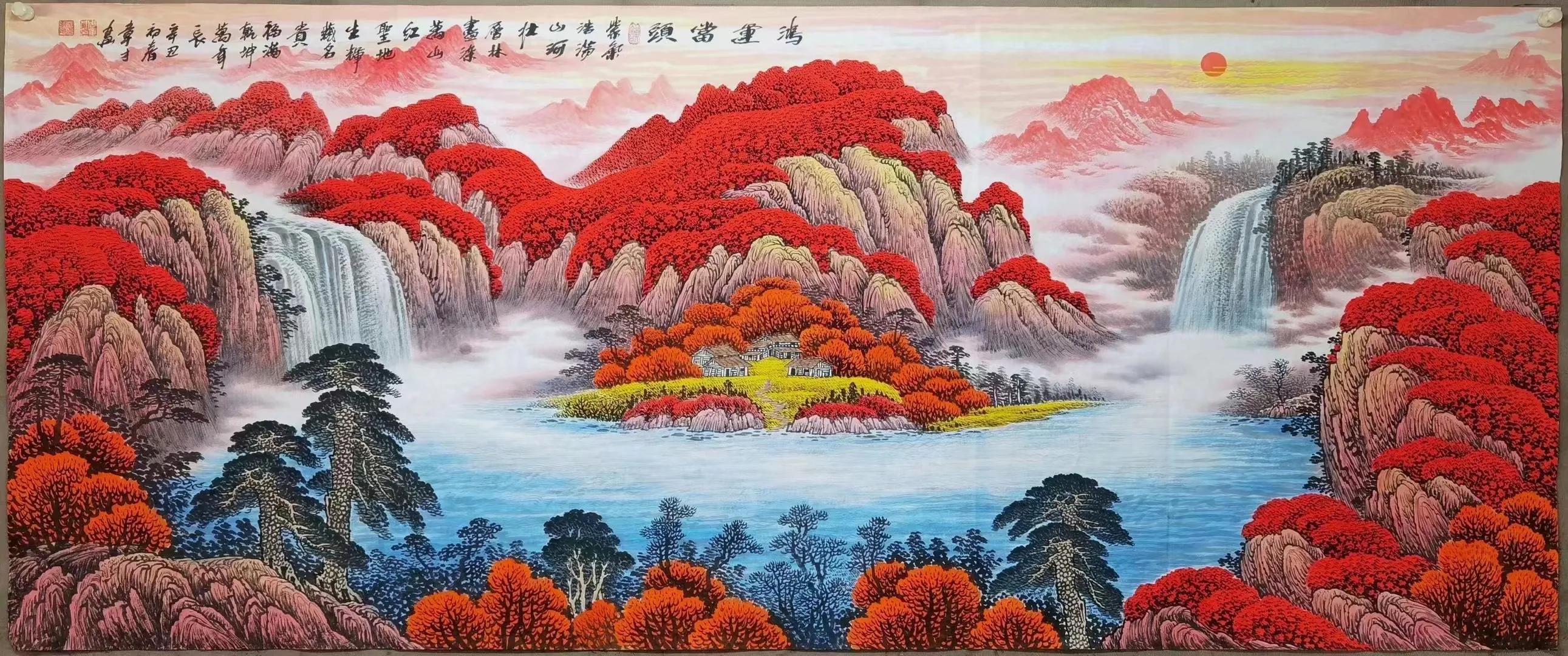 周章才聚宝盆山水画,三幅沙发背景聚宝盆山水画
