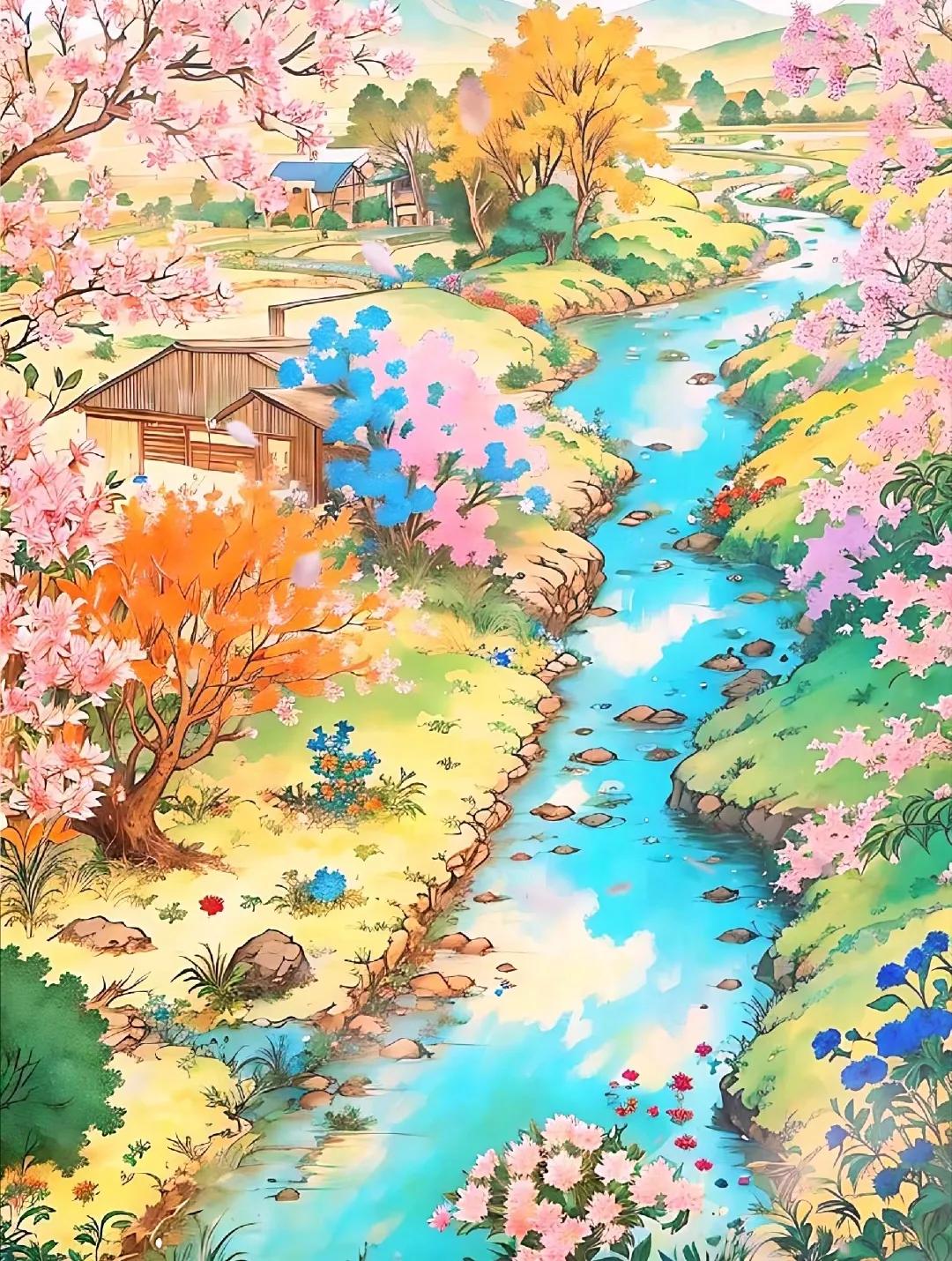 唯美治愈插画田园风,好看的古代风景田园插画