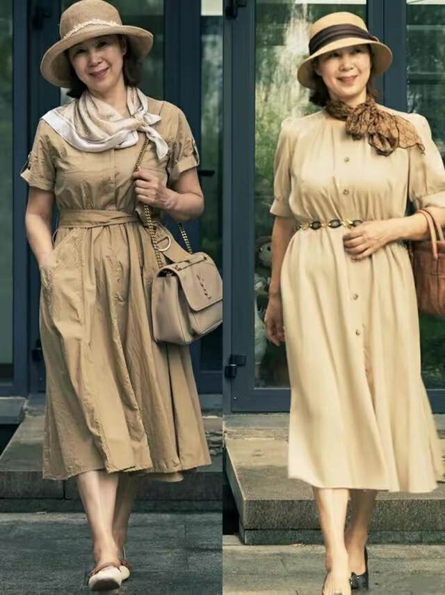 长窄丝巾和裙子的各种搭配,丝巾系法50岁减龄穿搭