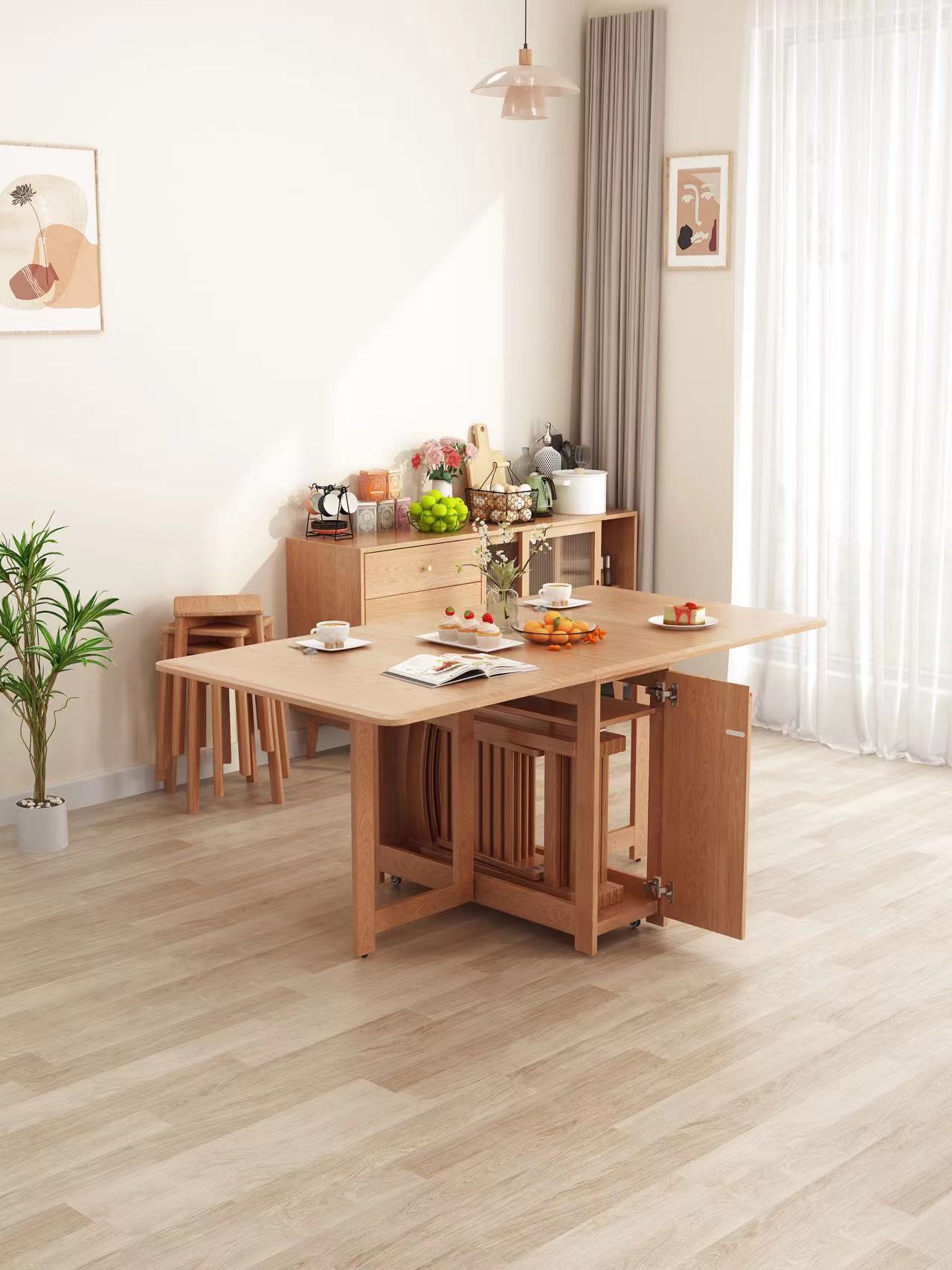 折叠餐桌餐边柜一体小户型,实木餐桌折叠可伸缩长桌小户型