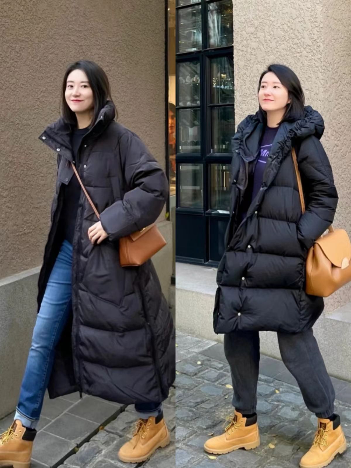 大黄靴羽绒服搭配,大黄靴长羽绒服