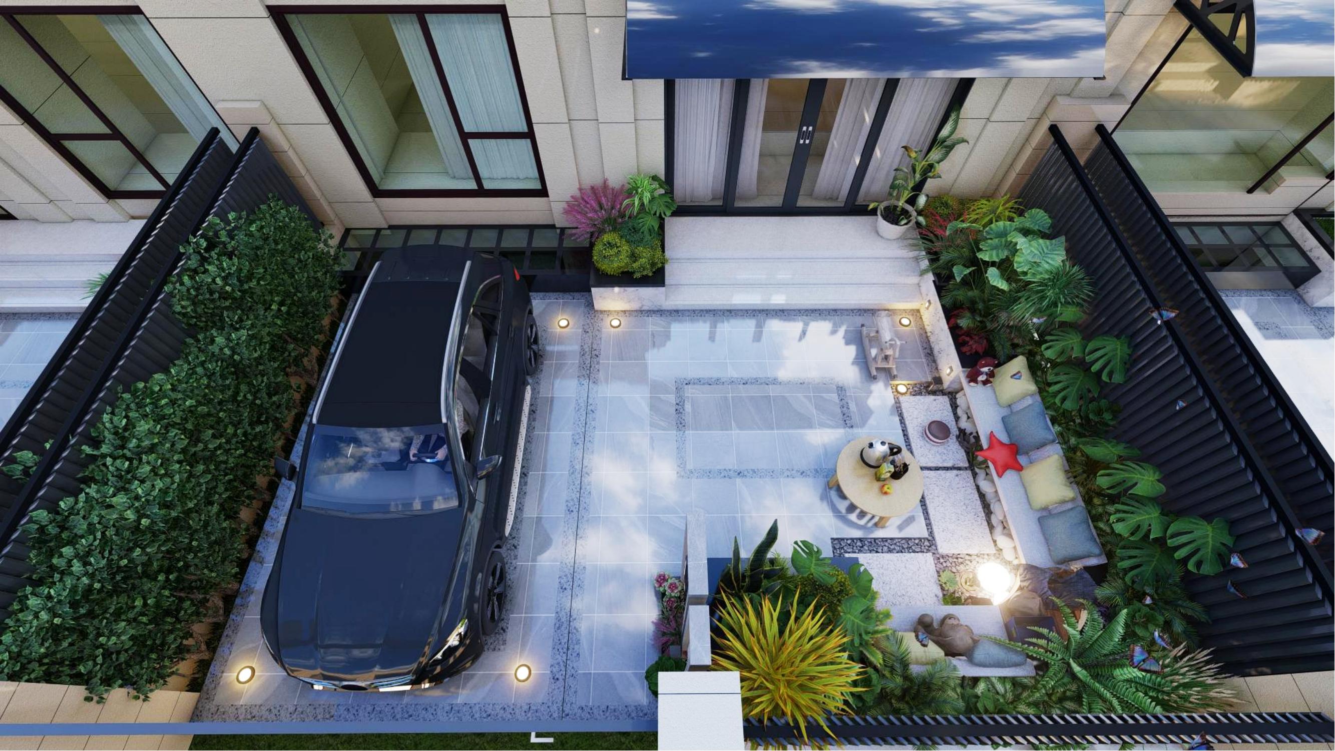 一层简易超现代带车库的小院设计,有车位小庭院别墅设计