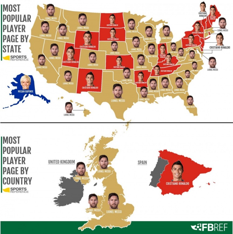 美国50州，喜欢梅西的占30州，C罗是19州！美国美女球员独占一州