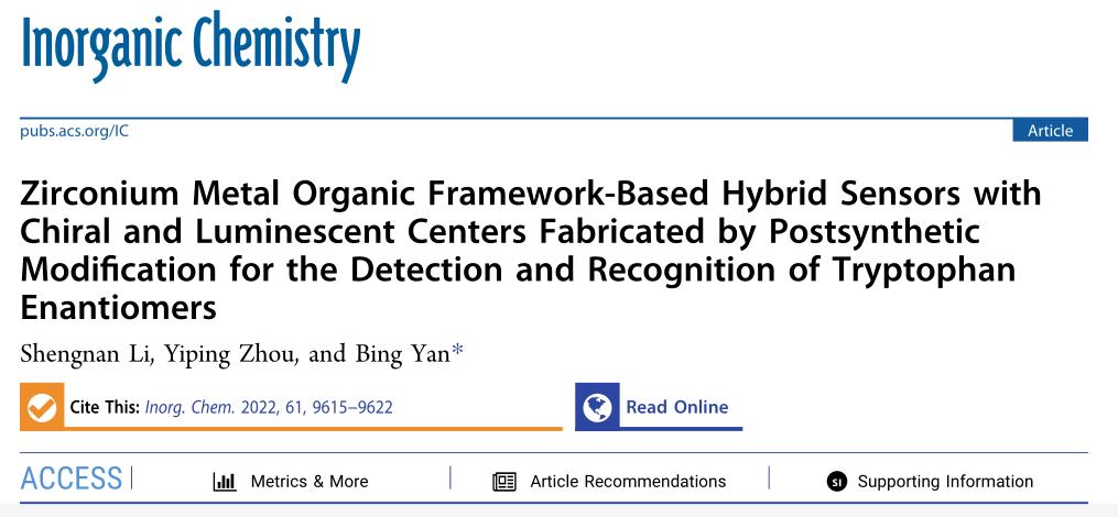 闫冰教授课题组在*土稀**发光MOF材料荧光检测方面的研究进展