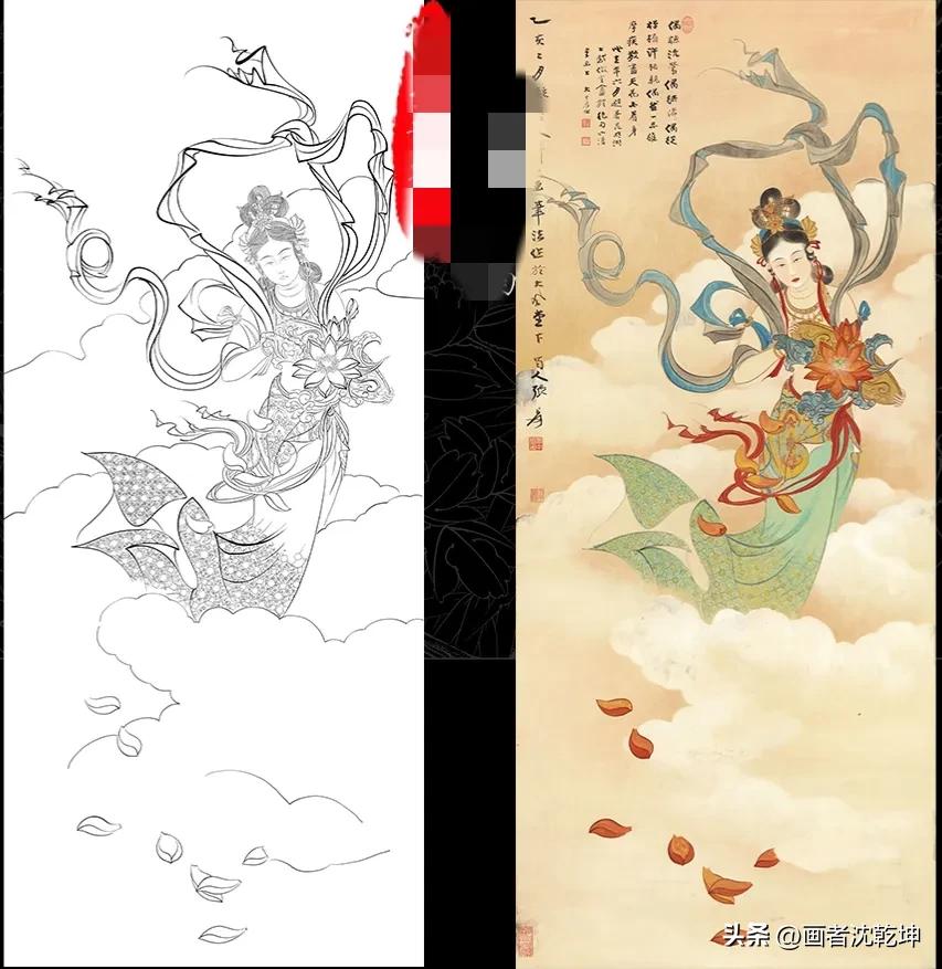 张大千临摹敦煌壁画白描稿,张大千工笔人物头部白描