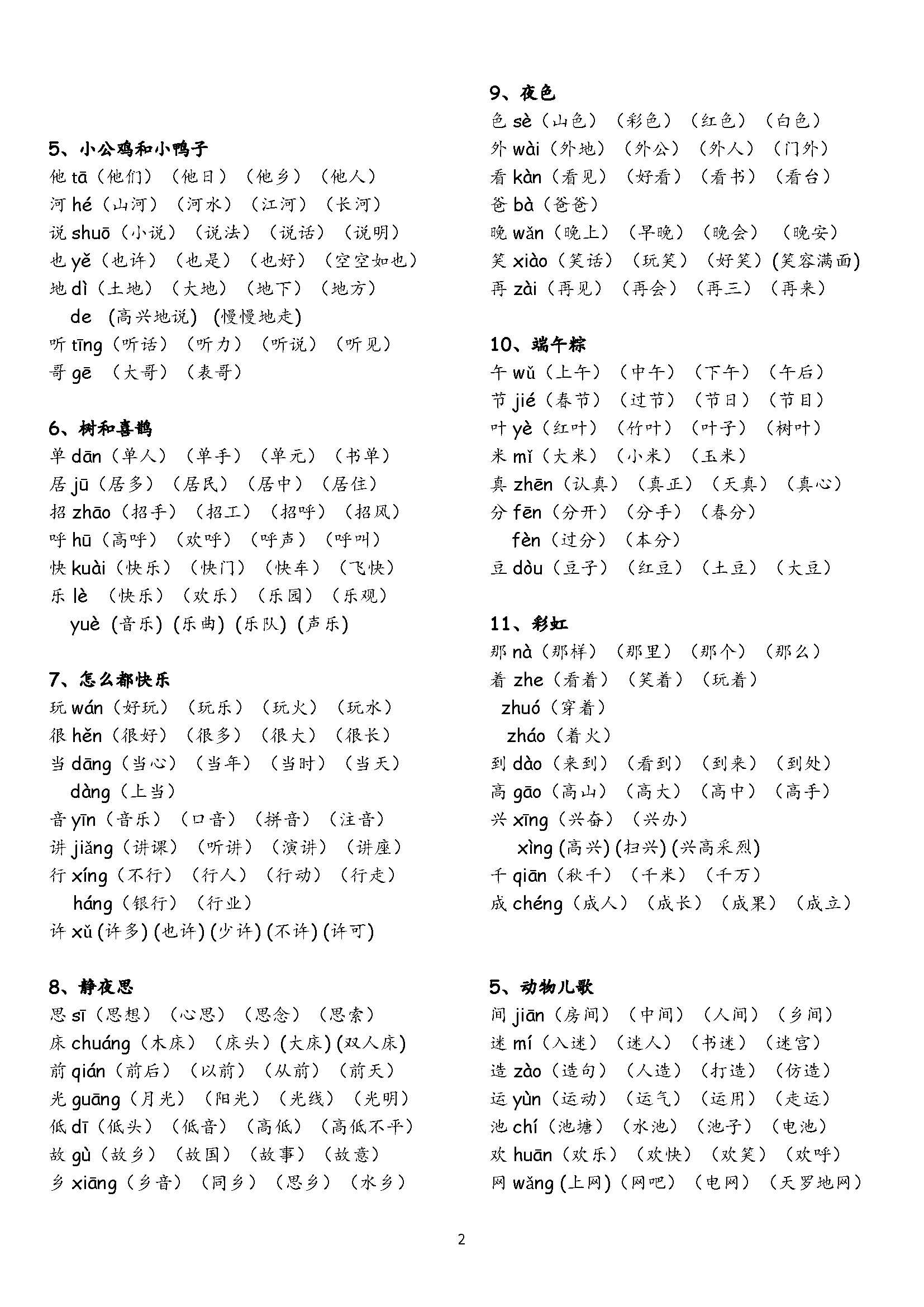 一年级下册认字表和生字表组词,一年级下册第11课彩虹生字组词