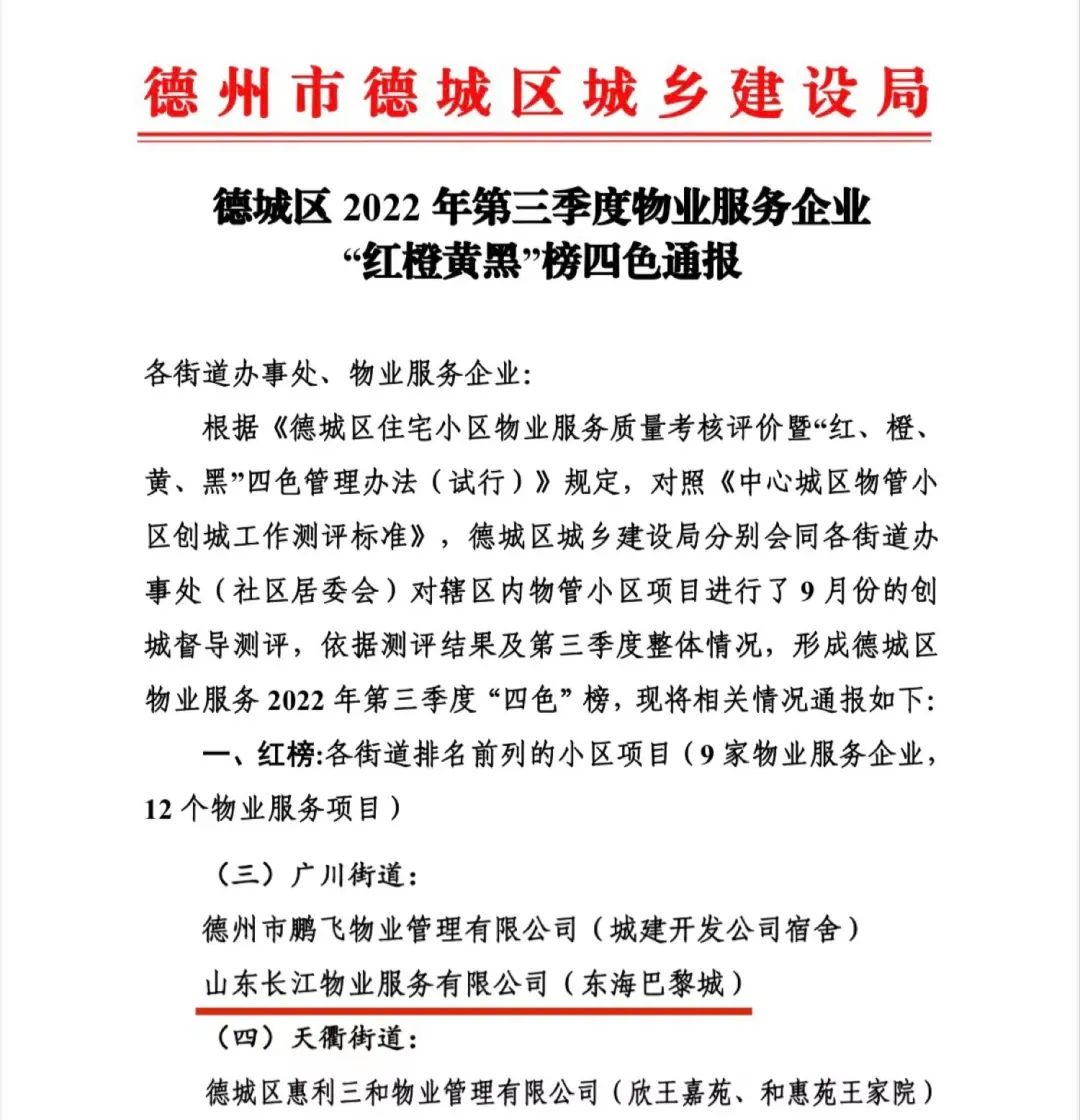 德州市住宅小区物业服务质量考核,德州物业四色榜